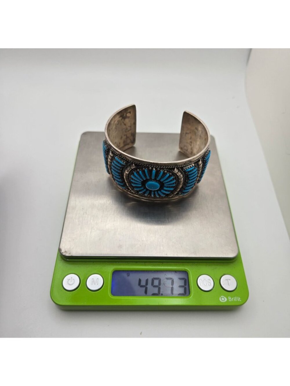 Vintage Zuni Petit Point Sterling Silver Cuff Bracelet Turquoise & Engraved 50g - Picture 11 of 11